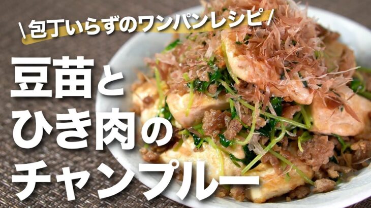 【ワンパンレシピ】包丁を使わないでささっと時短◎フライパン1つでできる豆苗とひき肉のチャンプルー【豆苗】【今日のあと一品】